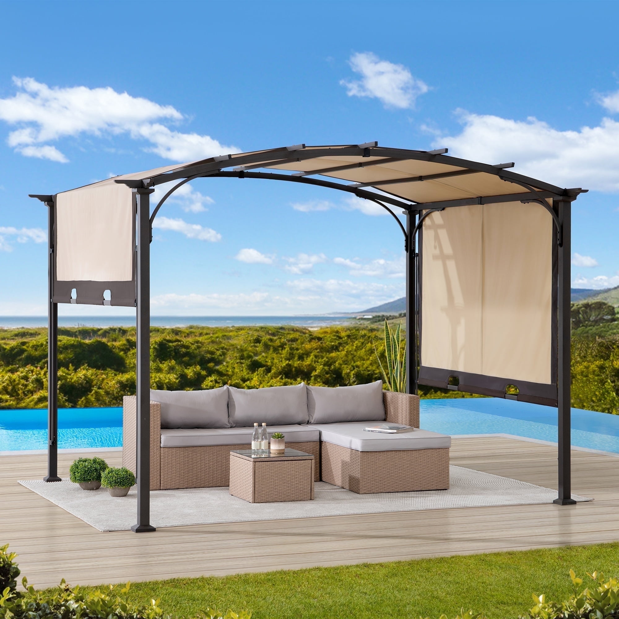 Tan and Brown Steel Arched Pergola with Adjustable Canopy