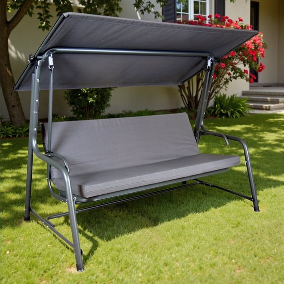Made in Italy SUNJOY Luxury Grey 4-Seater Steel Patio Swing and Bed with Elastic Metal Mesh Seat