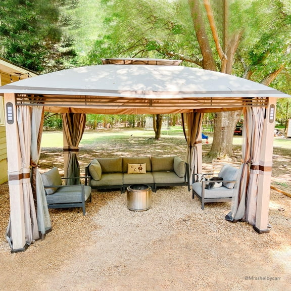 Sunjoy Montery Outdoor Patio 10 x 13 ft. Powder-coated Steel Frame 2-Tier Gazebo with LED Lighting and Bluetooth Sound, Gray
