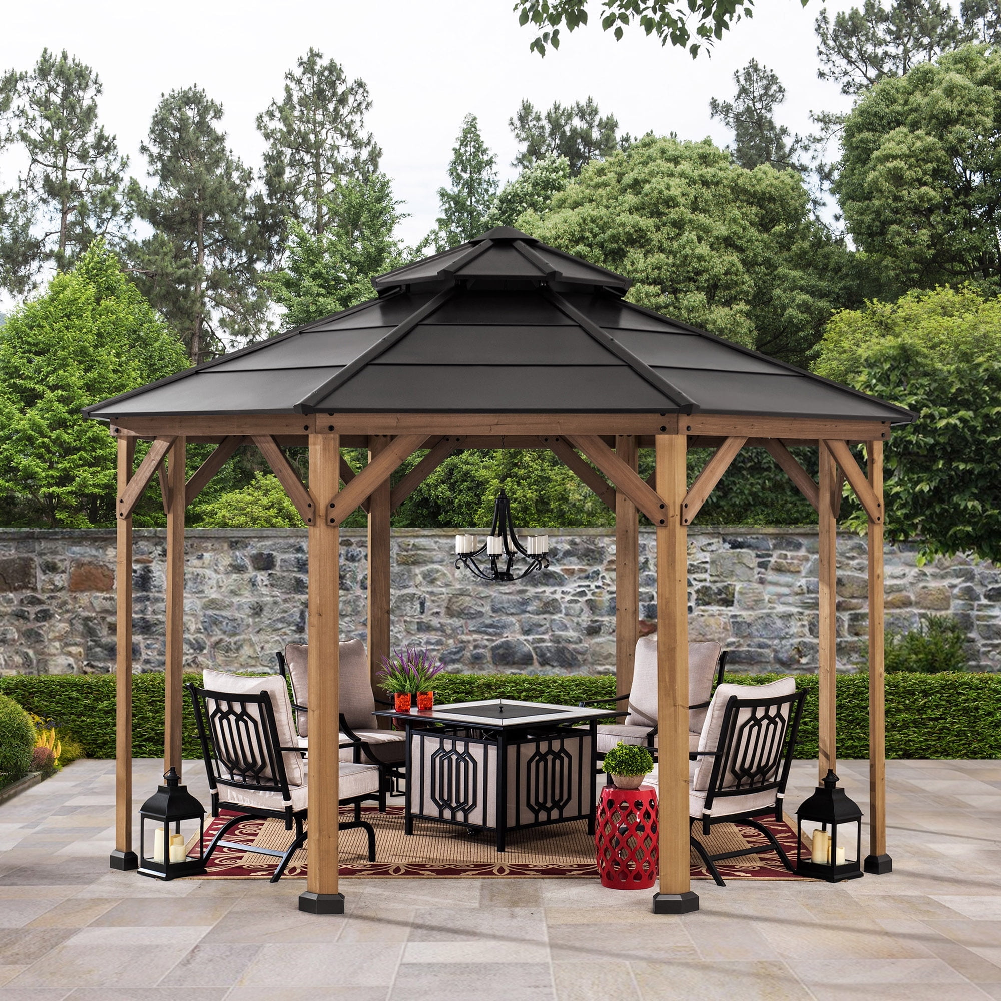 Sunjoy 13 ft. Cedar Framed Octagon Gazebo with Black Steel Roof