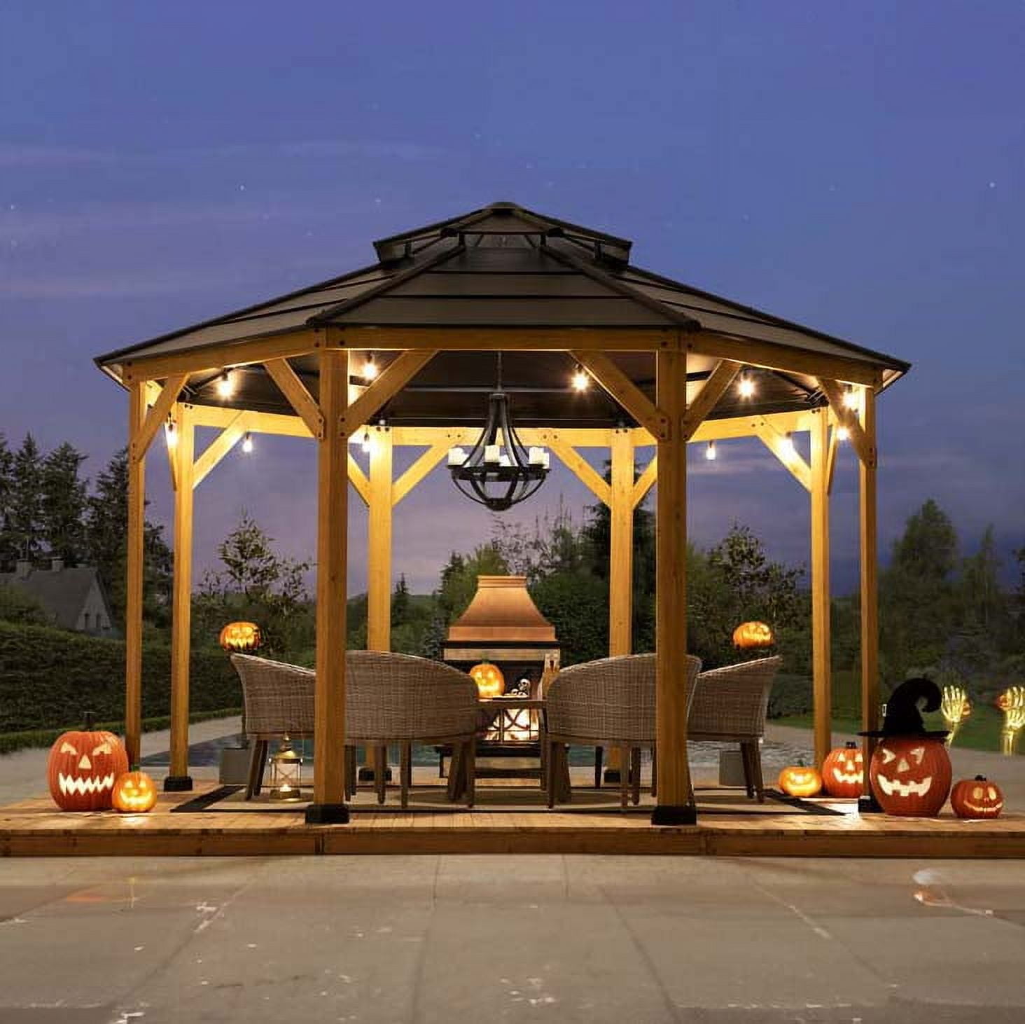 Cedar Framed Octagon Gazebo with Brown Steel Roof and Ceiling Hook