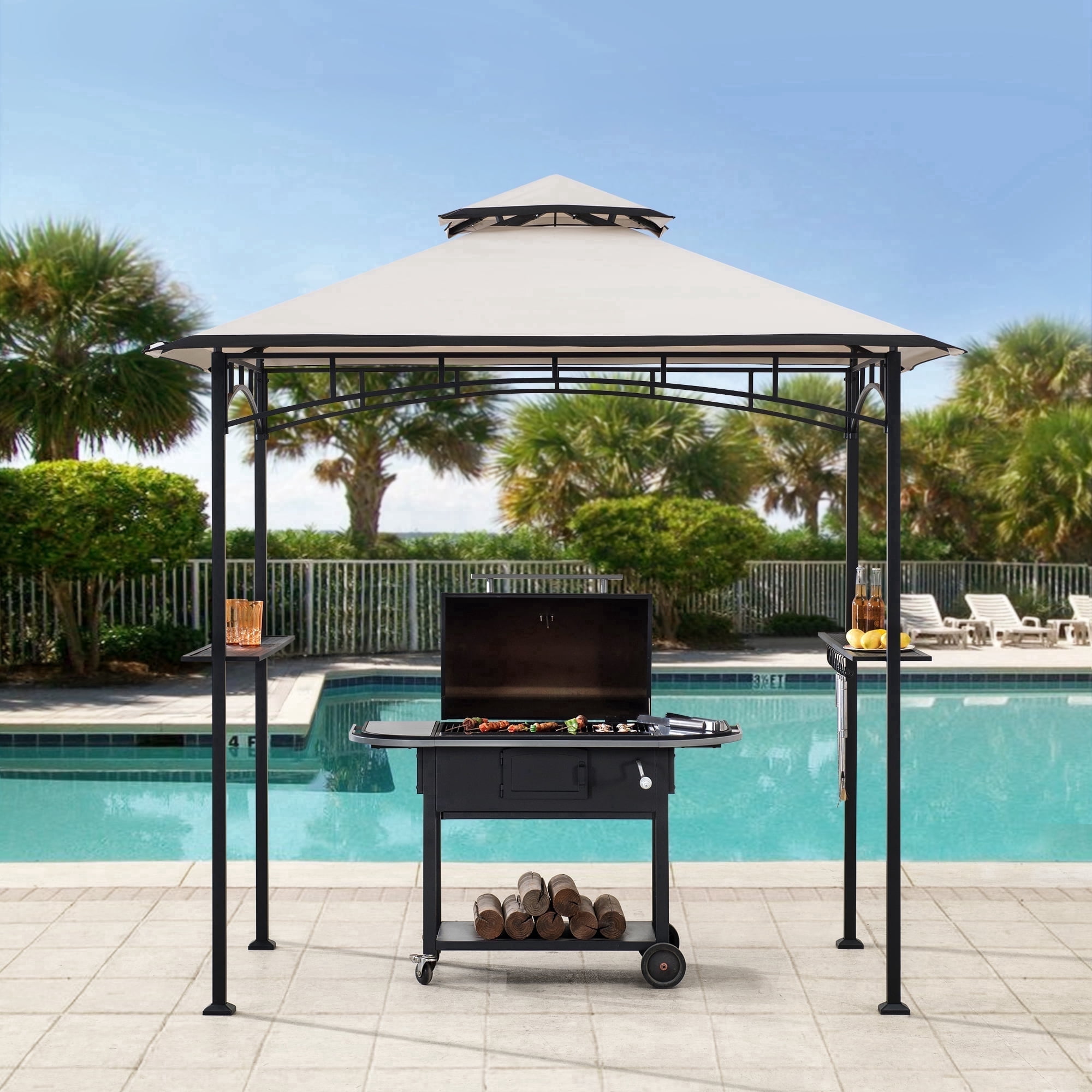 Sunjoy Orville 8 ft. x 5 ft. Black Steel 2-tier Grill Gazebo with Beige and Black Canopy