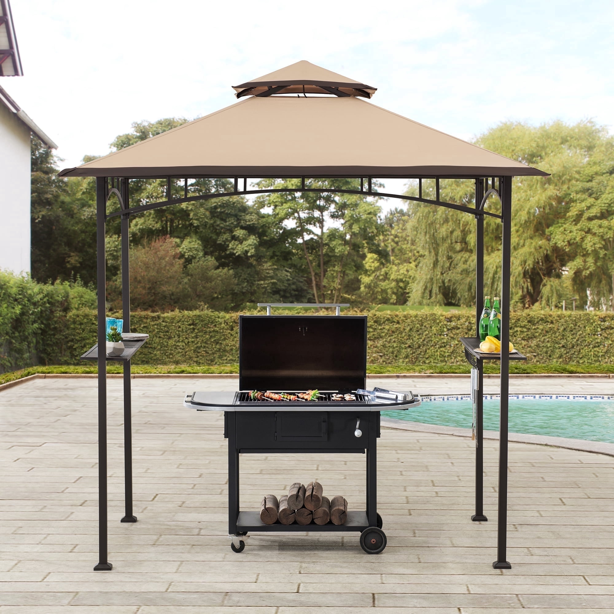 Sunjoy Orville 8 ft. x 5 ft. Brown Steel 2-tier Grill Gazebo with Tan and Brown Canopy