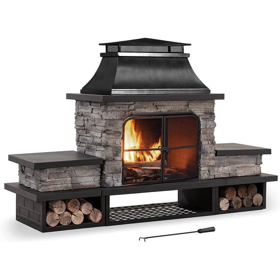 Sunjoy Outdoor Fireplace, Patio Wood Burning Fireplace with Steel Chimney, Mesh Spark Screen Doors, Fire Poker, and Removable Grate, Black
