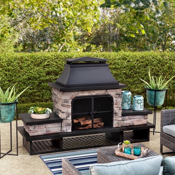 Sunjoy Outdoor Fireplace, Patio Wood Burning Fireplace with Steel Chimney, Mesh Spark Screen Doors, Fire Poker, and Removable Grate, Black