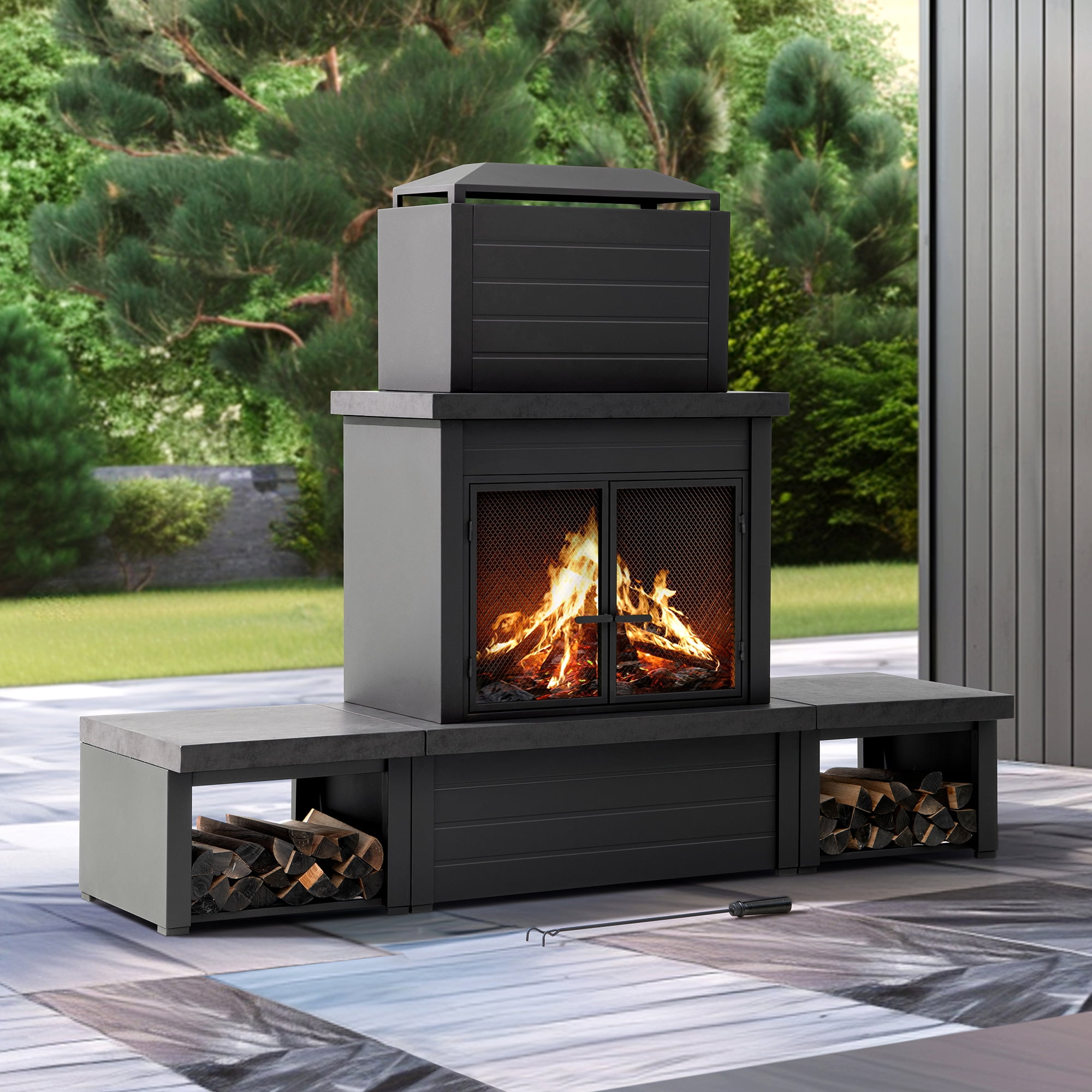 Sunjoy Outdoor Fireplace with Wood Storage and Chimney, 76.18 in. L ...