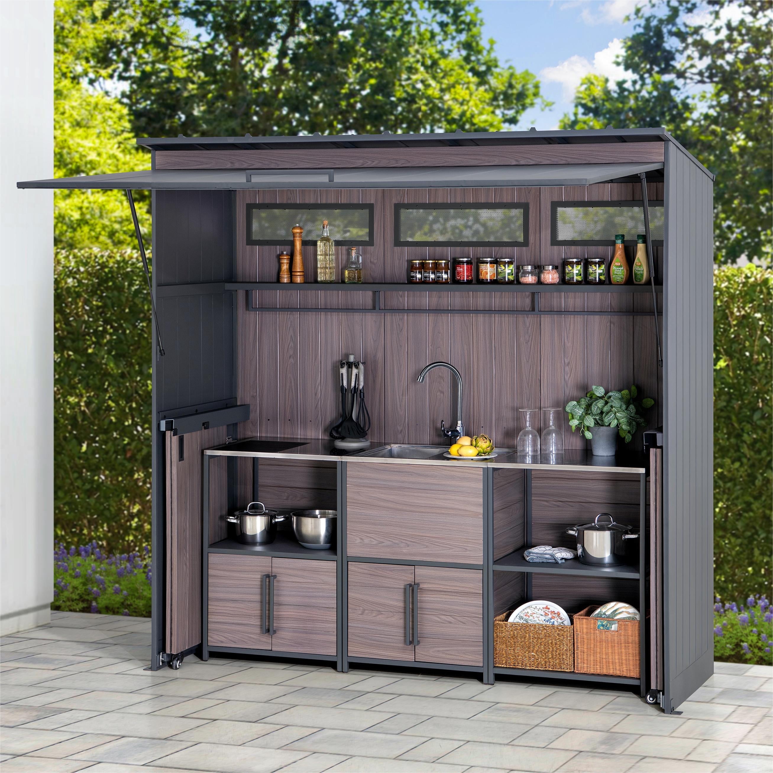 Sunjoy Outdoor Kitchen, 4-Pieces Grill Kitchen with Sink, Open Storage Shelf and Island Counter