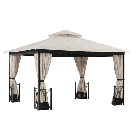 Sunjoy Bloomsbury 11 ft. x 13 ft. Beige and Black Steel Gazebo with 2-tier Hip Roof with Mosquito Netting and Curtain