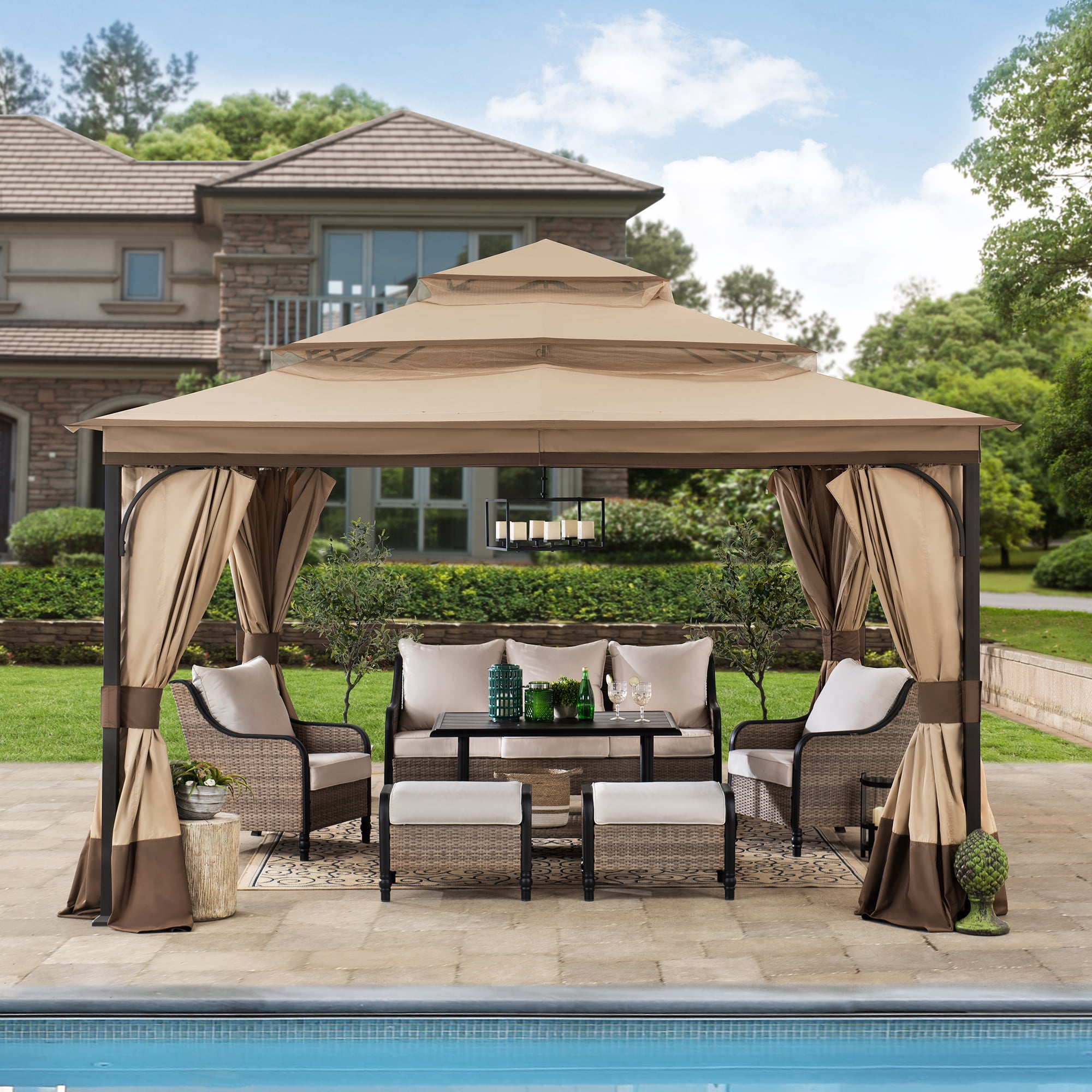 Sunjoy Outdoor Patio Brown Steel Frame 13 ft. x 13 ft. 3-Tier Soft Top Gazebo with Canopy, Mosquito Netting, and Curtains for Backyard Activities Sansujyuku sansujyuku.com