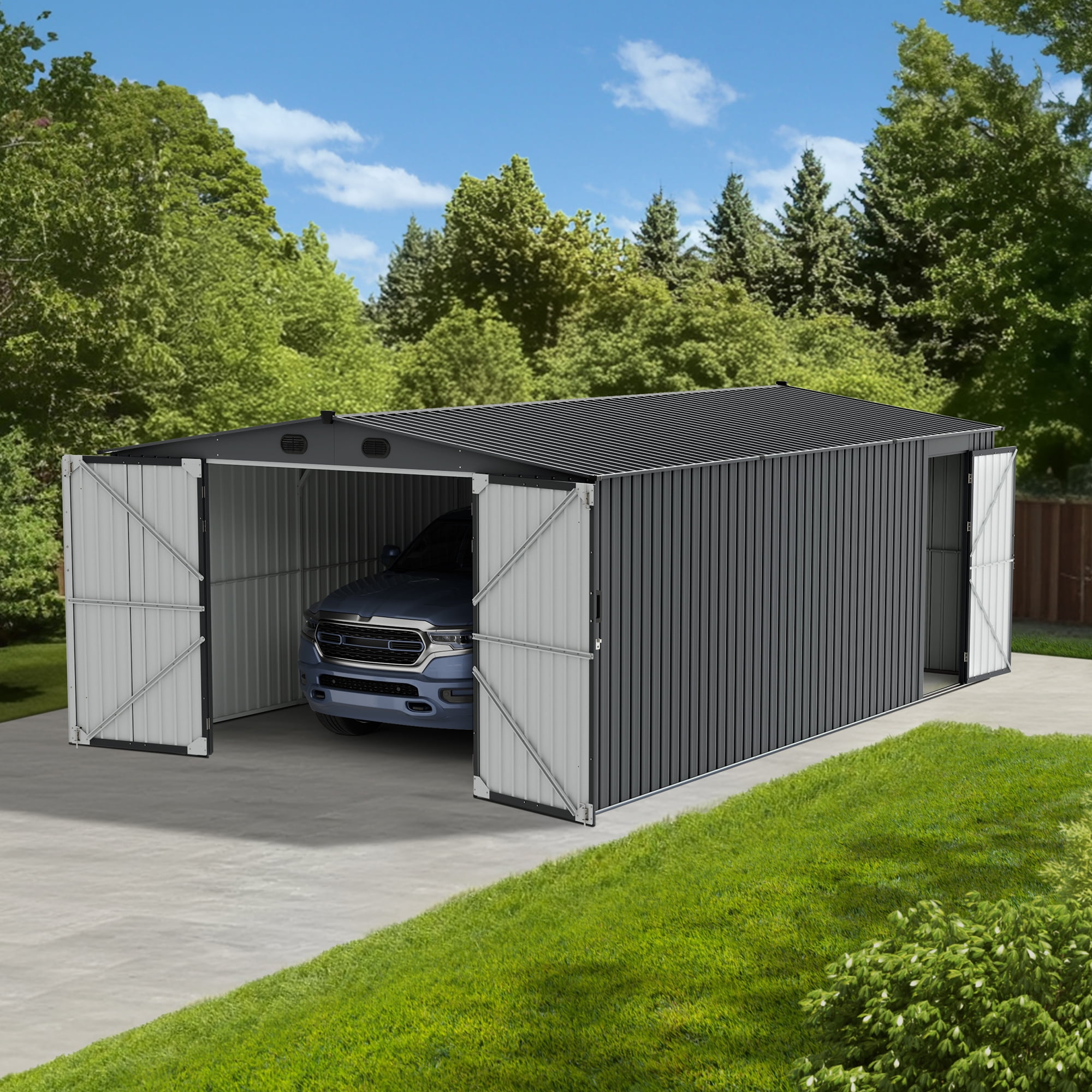 Dark Gray 13' x 20' Metal Outdoor Storage Shed with Double Doors