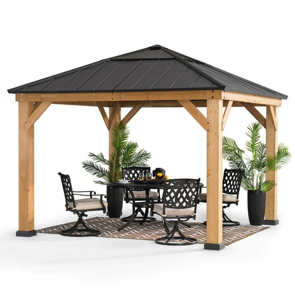 Sunjoy Paula Outdoor Patio 11 ft. x 11 ft. Cedar Framed Gazebo with Black Steel and Polycarbonate Hip Roof Hardtop