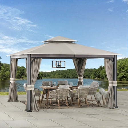 Sunjoy Roberts Outdoor Patio Steel Frame11 x 13 ft. 2-Tier Soft Top Gazebo with Light Gray Canopy Roof, Netting, and Curtains