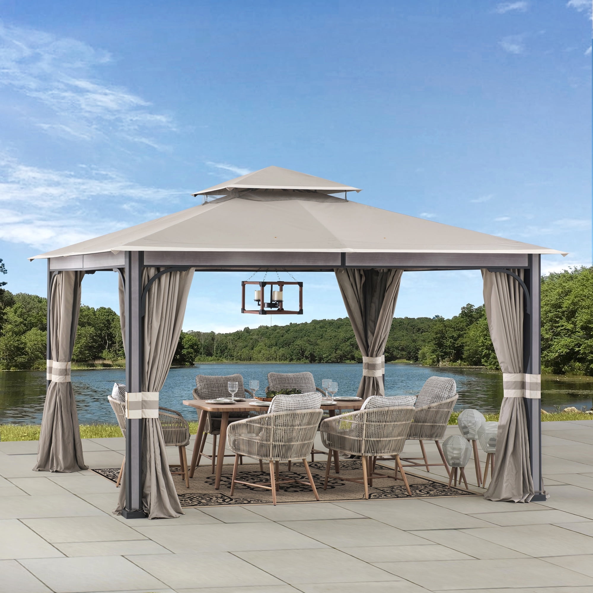 Sunjoy Roberts Outdoor Patio Steel Frame11 x 13 ft. 2-Tier Soft Top Gazebo with Light Gray Canopy Roof, Netting,  and Curtains