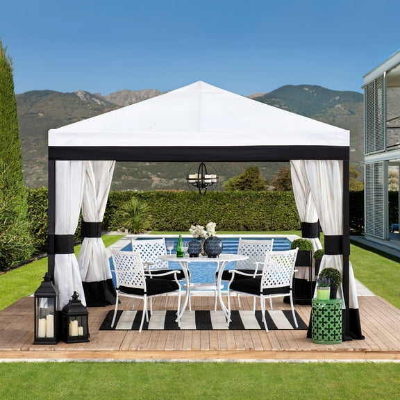 Sunjoy 10x10 ft. Outdoor Soft Top Gazebo, Steel Frame Gazebo Canopy with Netting and Curtain, Ceiling Hook, White Black