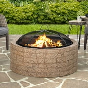 SUNJOY 26 Inch Stone Fire Pit, Patio Outdoor Round Wood Burning Fire Pits for Outside with Spark Screen and Poker, Khaki