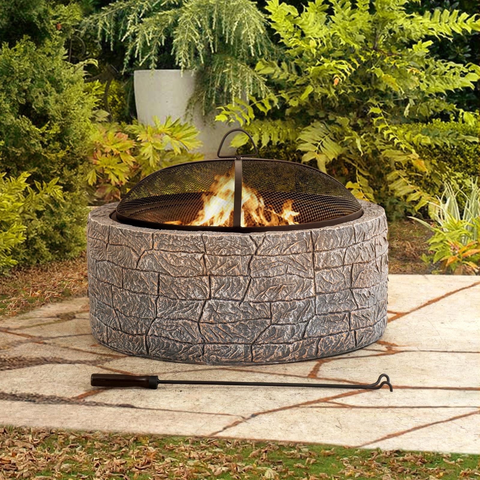 SUNJOY 26 Inch Stone Fire Pit, Patio Outdoor Round Wood Burning Fire Pits for Outside with Spark Screen and Poker, Misty Blue Stone