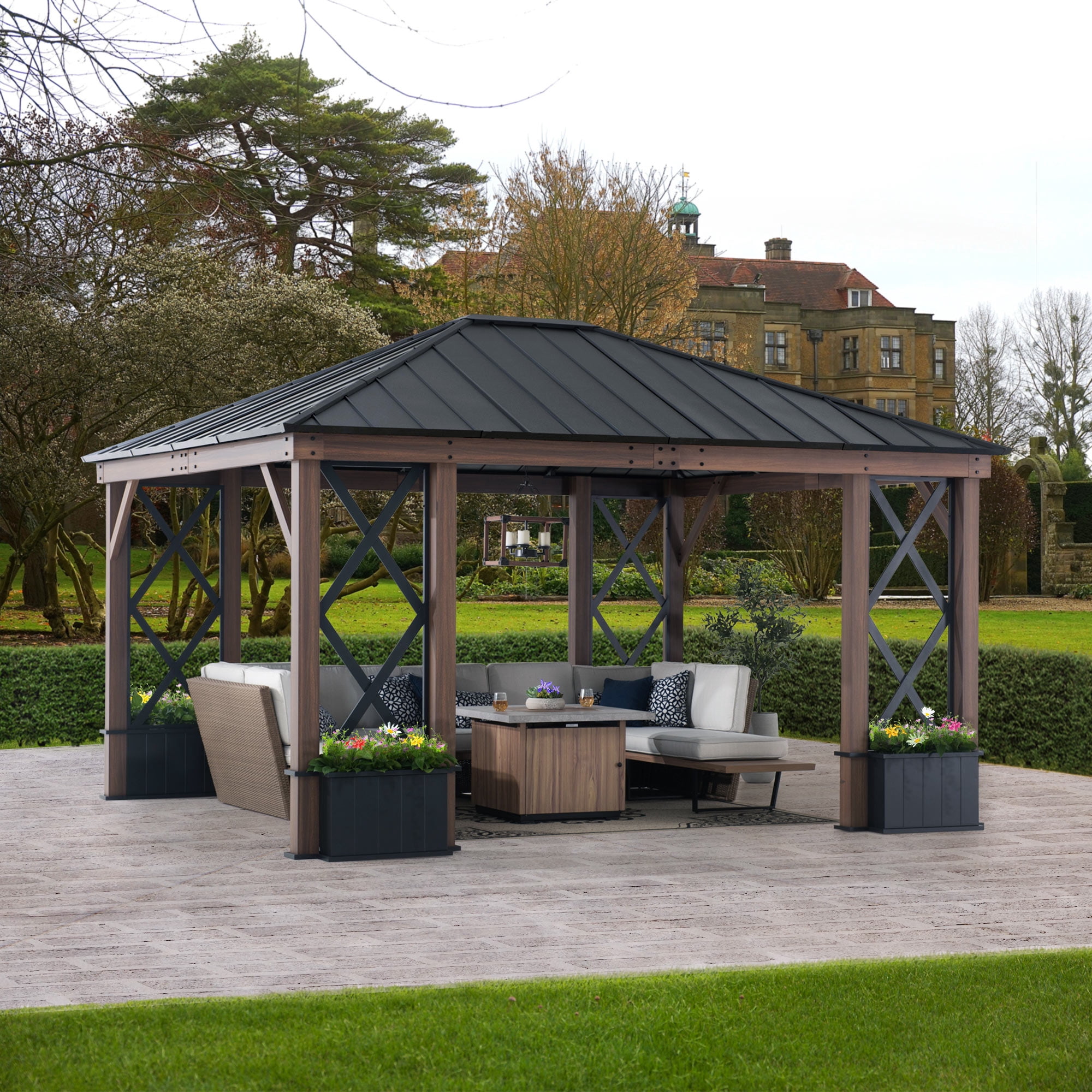Sunjoy 13 ft. x 15 ft. Hardtop Gazebo, Outdoor Black Steel Roof Gazebo Aluminum Framed Gazebo with Planters and Ceiling Hook for Patio, Garden, and Backyard Activities