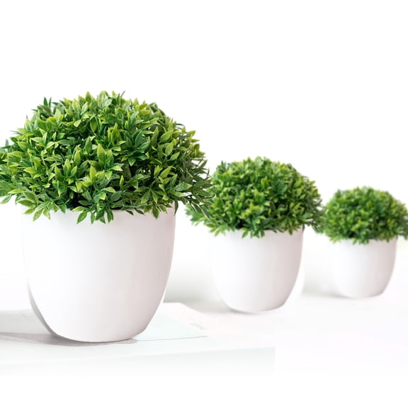 Sunjoy Tech 1/2/3 Pcs Mini Artificial Plants Potted Artificial Ball Shaped Tree Fake Plant Fresh Green Grass in White Plastic Pot for Home Decor