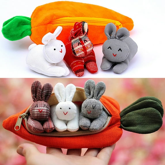 Sunjoy Tech 1/4Pcs Easter Ornament Adorable Cartoon Design Comfortable Touch Three Rabbits Carrot Wallets Bag Shape Doll Toy Decoration Home Decor