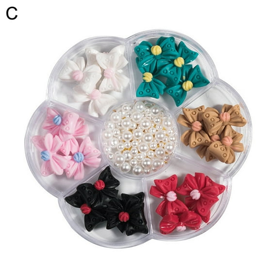 Sunjoy Tech 1 Box Nail Art Bows 3D Paste Easily DIY Resin Bow Faux Pearl Mixed Plum Blossom Plate Nail Ornaments for Nail Salon