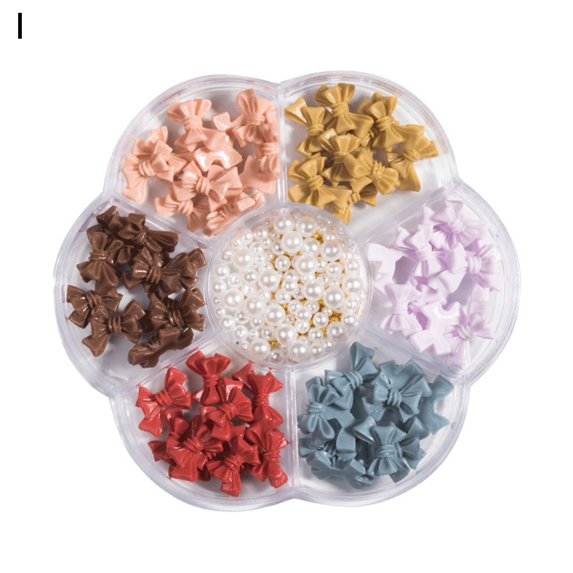 Sunjoy Tech 1 Box Nail Art Bows 3D Paste Easily DIY Resin Bow Faux Pearl Mixed Plum Blossom Plate Nail Ornaments for Nail Salon
