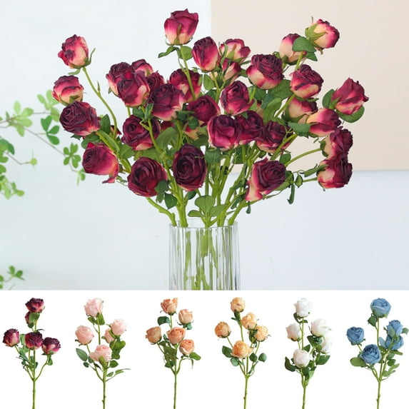 Sunjoy Tech 1 Branch Fake Flowers Real Touch Unfading Multi-Functional Maintenance Free 5 Flower-Heads Table Centerpiece Exquisite Details High Simulation Artificial Silk Roses for Wedding