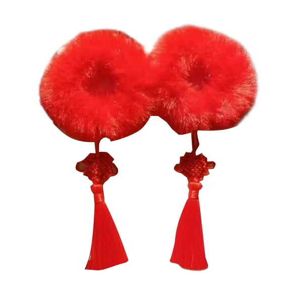Sunjoy Tech 1 Pair Girls Hair Bands Chinese Knot/Bells/Ribbon Tassels Fuzzy Stretchy Red Gifts Hair Accessories Chinese New Year Kids Hair Scrunchies for Daily