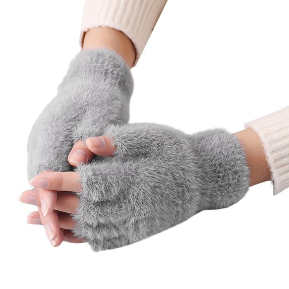 Sunjoy Tech 1 Pair Half Finger Gloves Solid Color Super Soft Windproof Friendly to Skin Wear Resistant Keep Warm Washable Women Fluffy Gloves Stretchy Hand Warmer for Lady