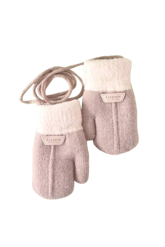 1 Pair Hanging Rope Halter Thickened Fleece Lining Winter Gloves Letter Logo Solid Color Baby Knitting Mittens