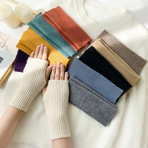 Sunjoy Tech 1 Pair Women Mittens Knitted Half Finger Solid Color High Elasticity Striped Texture Warm Soft Winter Gloves for School