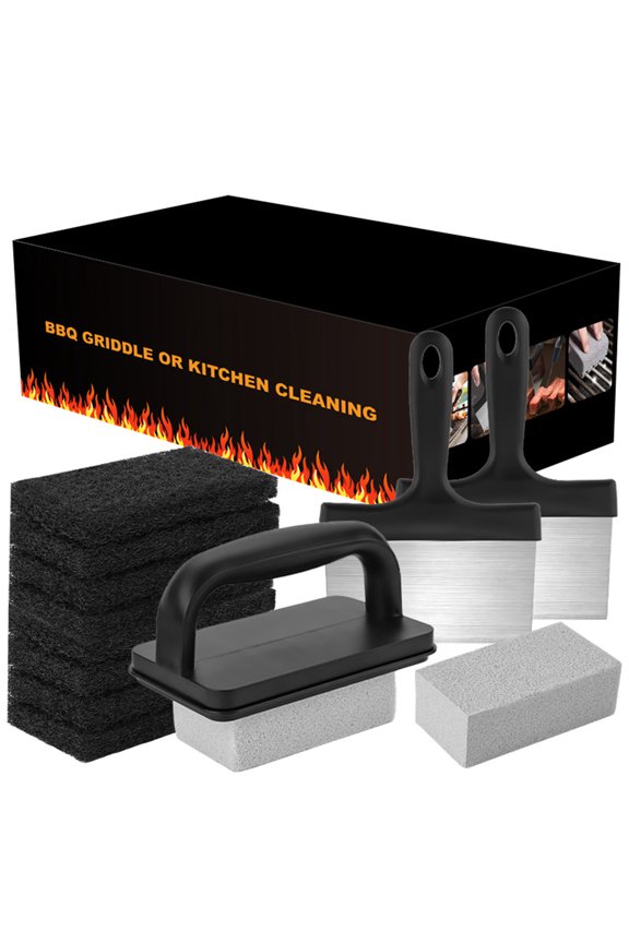 1 Set BBQ Griddle Cleaning Tool Kit with Handle Scraper Scouring Pad Pumice Stone Brush Multifunctional Barbecue Flat Top Grill Cleaner Kit