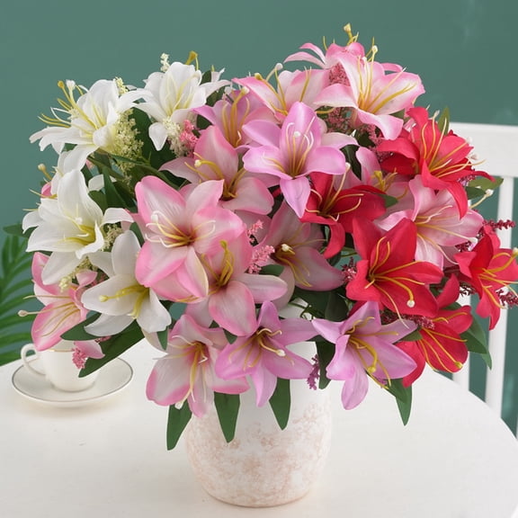 Sunjoy Tech 1Pc Artificial Flower 7 Heads Realistic Vivid Non-fading Not Wither Decorative Gift Lily Fake Flower Bouquet Home Art Decoration Scene Layout
