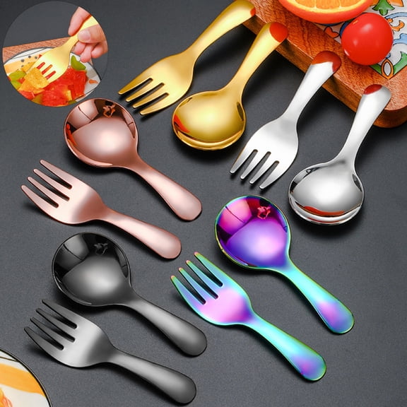 Sunjoy Tech 2Pcs/Set Stainless Steel Baby Spoon Fork Set Short Handle Mirror Polished Mini Ice Cream Dessert Tea Soup Spoon Fork Set Kitchen Cutlery Utensils