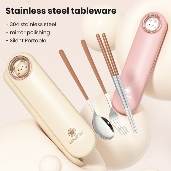 Sunjoy Tech 3Pcs/Set Stainless Steel Spoon Fork Chopsticks with Storage Box Food Grade Dishwasher Safe Travel Picnic Kitchen Utensil Cutlery Flatware Kit