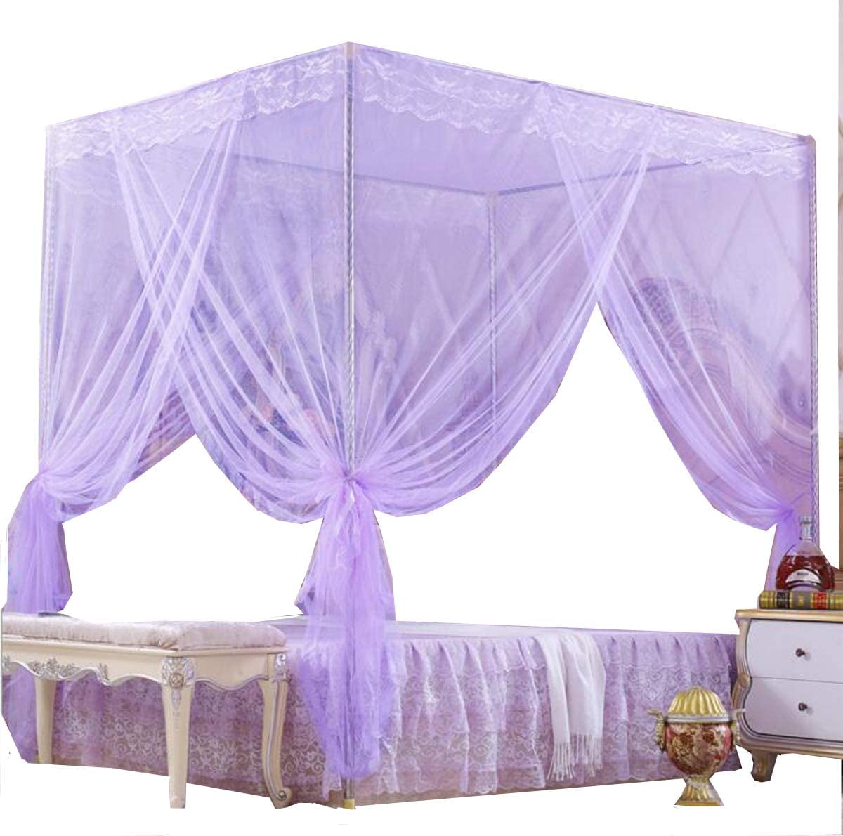 Sunjoy Tech 4 Corners Post Bed Curtain Canopy Bed Frame Canopies for Girls & Adults Bed Drape Netting Bedroom Decoration Accessorie