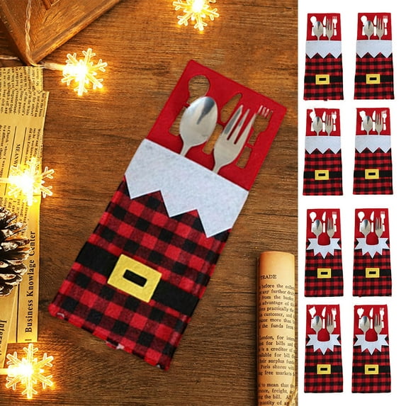 Sunjoy Tech 4Pcs Christmas Cutlery Bag Santa Claus Belt Red Black Plaid Rectangle Reusable Dining Table Decoration Xmas Tableware Utensil Cutter Fork Holder Pouch