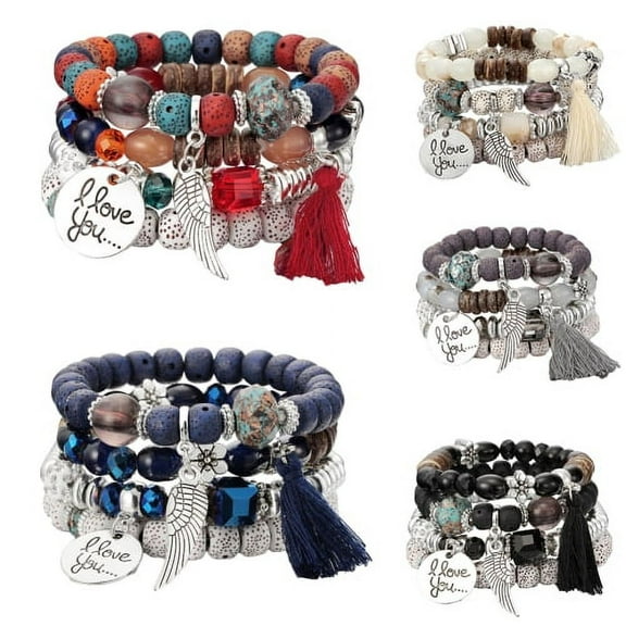 Sunjoy Tech 4Pcs/Set Bohemian Stackable Bead Bracelets for Women Men Multilayered Bracelet Set Pendant Charm Stretch Bangles