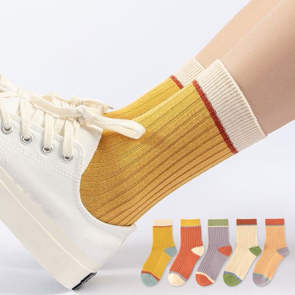 Sunjoy Tech 5/10Pairs Women Candy Color Mid-tube Socks,Splicing Design Socks Ribbed Breathable Sweat-absorbent Elastic Socks