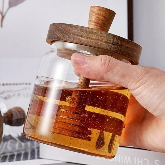 Barattolo Miele In Vetro 500ml Con Cucchiaio E Coperchio Legno - Dispenser Elegante - Foto 12