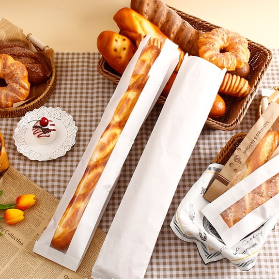 Sunjoy Tech 50Pcs Baguette Bag with Clear Window Homemade Bread Loaf Bag Long French Bread Storage Bag Oil-proof Kraft Paper Packaging Bag Baking Supplies