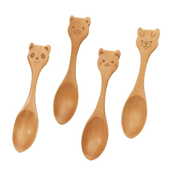 Sunjoy Tech 5Pcs Cute Cartoon Wooden Spoons Safe Tableware Wide Application Multifunctional Lovely Small Wooden Spoons for Kids