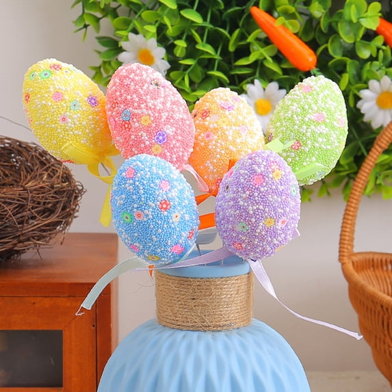 Sunjoy Tech 6Pcs Easter Egg Picks Colorful Foam Egg Picks Topper Sticks Flower Ornament for DIY Crafts Vase Home Decor