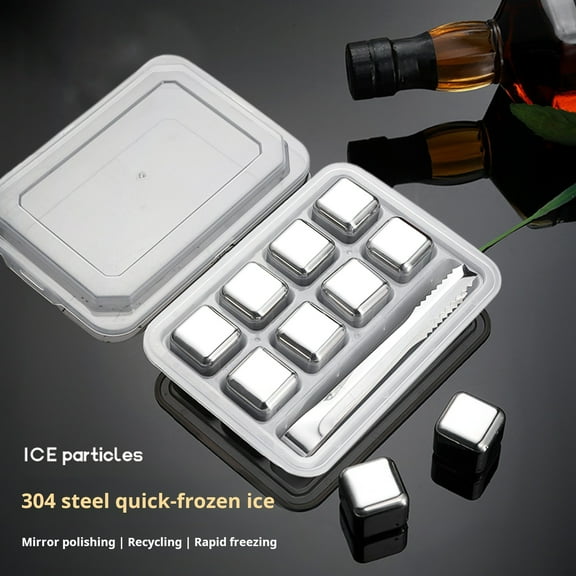 Sunjoy Tech 8 Pcs Ice Cubes with Stainless Steel Tongs Storage Box Whiskey Rocks Reusable Chilling Stones for Drinks Food-Grade Metal Cubes for Whiskey Vodka Rum Beer