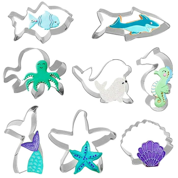 Sunjoy Tech 8Pcs Ocean Animal Cookie Cutters Mermaid Tail Starfish Seashell Shark Shapes Sea Themed Biscuit Molds Stainless Steel Fondant Cutters Birthday Party Decoration
