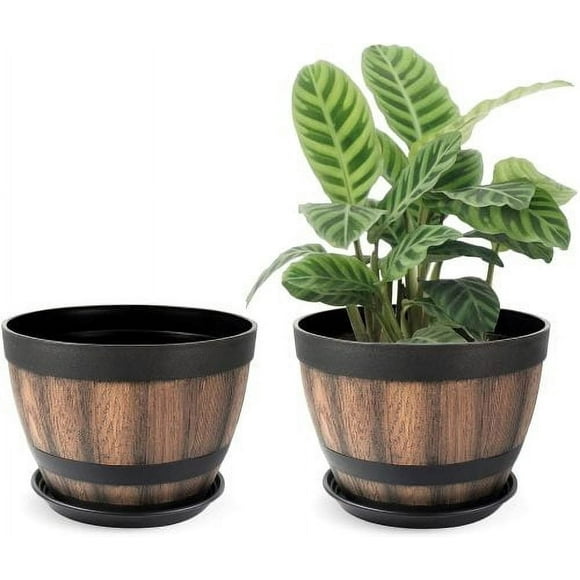 Sunjoy Tech 9" x 9" x 6.7" Barrel Brown Plastic Plant Pots with Drainage Holes