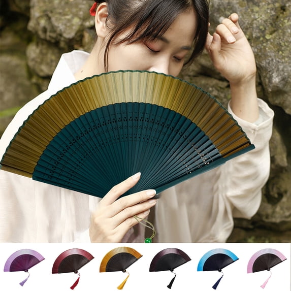 Sunjoy Tech Ancient Fan Hollow Out with Tassels Vintage Bamboo Folding Fan Decor Ladies Hand Fan Daily Use