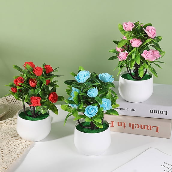 Sunjoy Tech Artificial Bonsai Easy Care Realistic No Watering Non-withered Anti-fading Decorative 12 Fake Rose Artificial Potted Plant Home Supplies