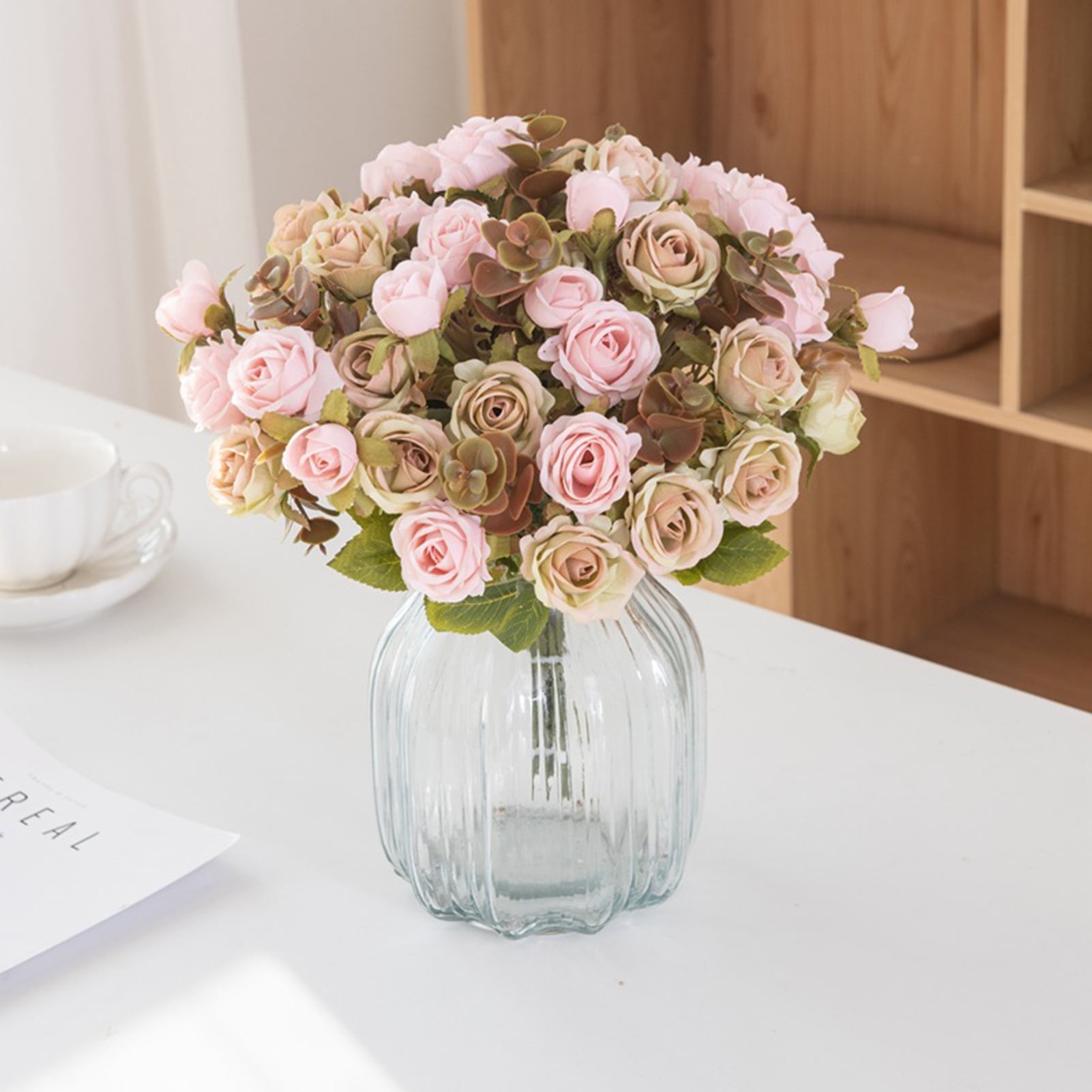Sunjoy Tech Artificial Rose Flower 10 Heads Eucalyptus Leaves with Stem ...