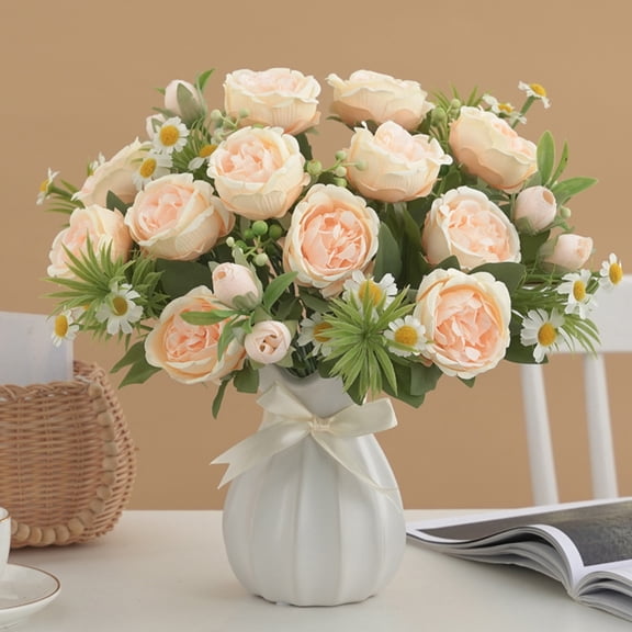 Sunjoy Tech Artificial Rose with Stem 7 Heads Non-withering No Watering Wedding Photo Props Realistic Reusable Faux Flower Bouquet Home Decoration Supplies