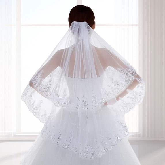 Sunjoy Tech Bridal Headwear with Anti-slip Comb Women Double Layer Lace Sequins Edge Tulle Headdress Bride Hair Accessories